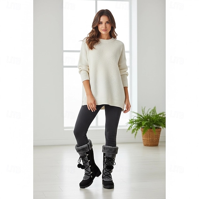 Women's Lace-Up Winter Boots with Faux Fur Trim, Pom-Pom Details, and Rugged Non-Slip Sole for Outdoor Snow and Cold Weather Wear