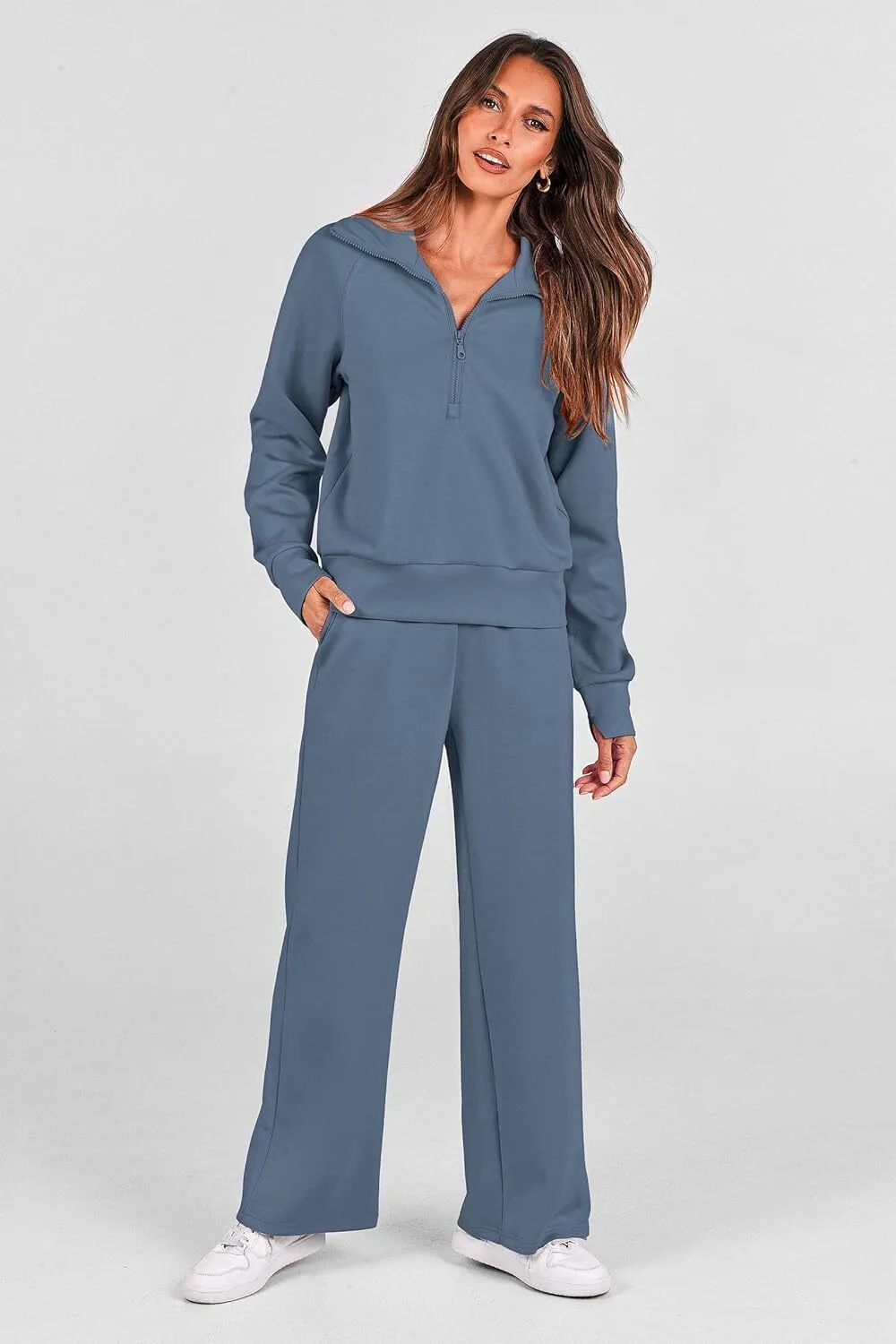 🔥Final Day Clearance!🛒Women's 2 Piece Outfits Casual Lapel Half Zip Sweatshirts And Wide Leg Pants Tracksuit Sets🔥8-PACK ONLY $28🔥