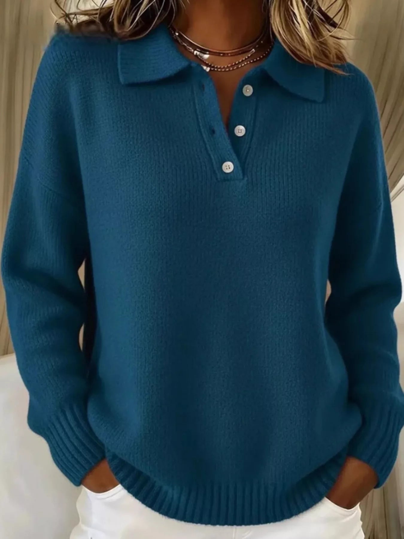 Women’s Textured Knit Polo Sweater – Soft, Elegant & Effortlessly Chic