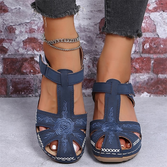 Women's Casual Comfort Sandals – Vintage Arch Support Velcro Walking Sandals with Embroidery