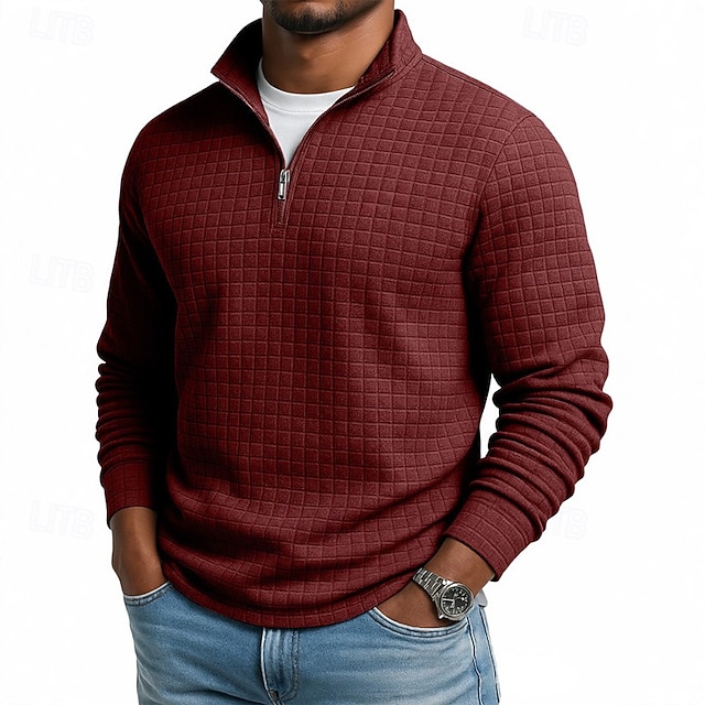 Men's Waffle Tee T Shirt Quarter Zip Tee Long Sleeve Stand Collar Fall Winter Spring &  Fall Solid Color Knitwear Daily Casual Zip Up Outdoor Causal Casual Navy Black White Top Tee for Men