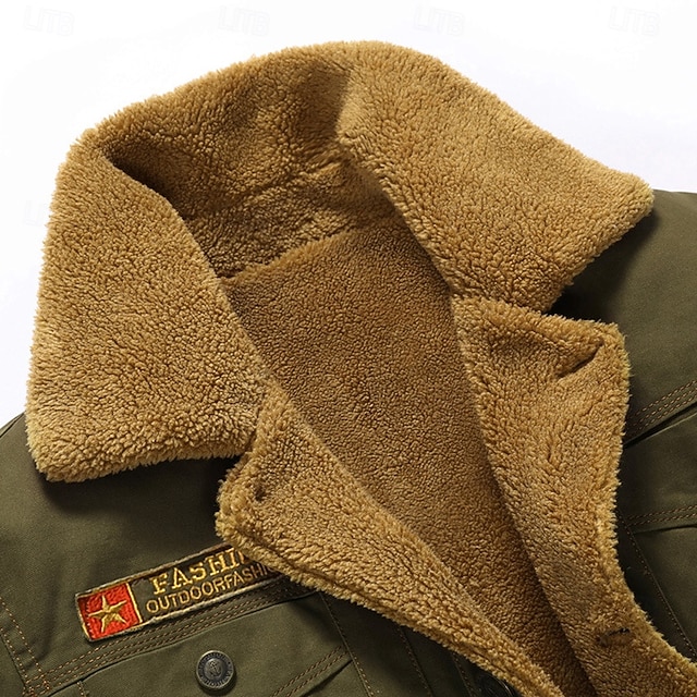 Men's Embroidered Cow Print Fleece Jacket Cargo Jacket Sherpa Jacket Tactical Thermal Warm Vintage Outdoor Home Multiple Pockets Winter Coats Fall Winter Fleece Turn-Down Collar Long Sleeve Army