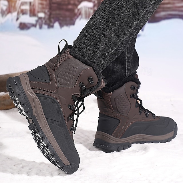 Men's Brown Waterproof Snow Boots with Warm Fleece Lining and Non-Slip Sole, Outdoor Winter Hiking Boots for Cold Weather and Snowy Terrain