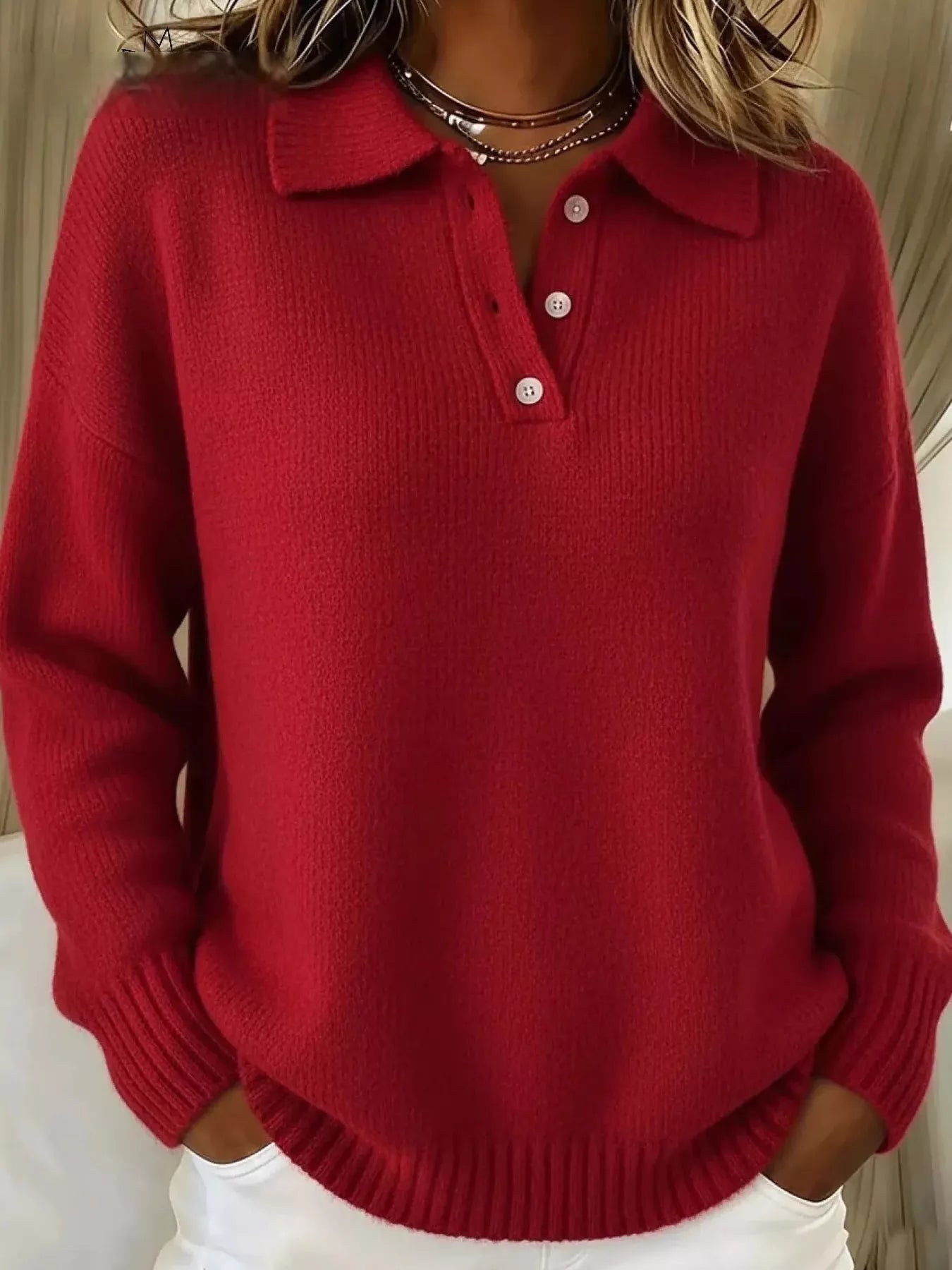 Women’s Textured Knit Polo Sweater – Soft, Elegant & Effortlessly Chic