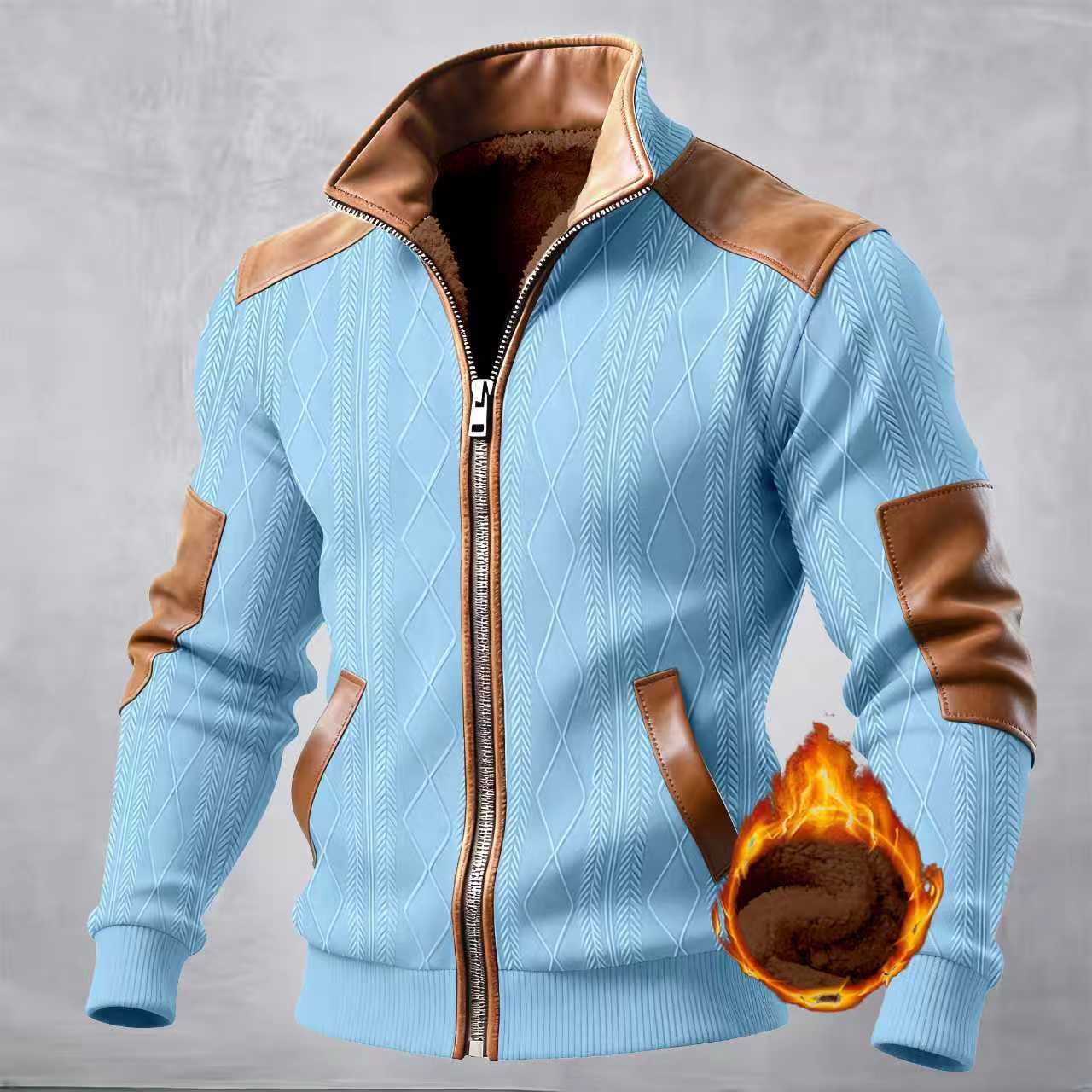 New Men'S Color-Blocked Textured Velvet Zipper Casual Jacket
