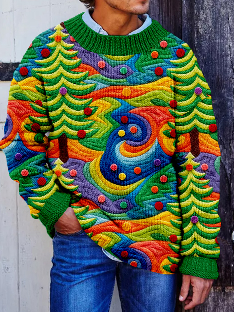 Men's Groovy Rainbow Christmas Tree Embroidered Cozy Sweater
