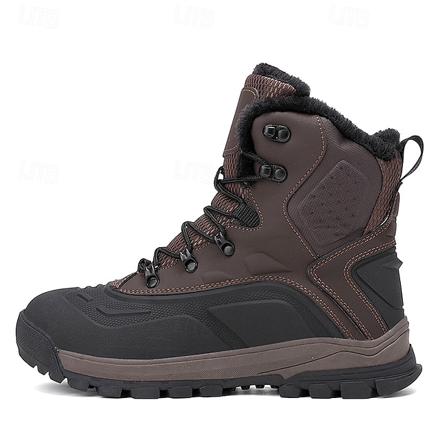 Men's Brown Waterproof Snow Boots with Warm Fleece Lining and Non-Slip Sole, Outdoor Winter Hiking Boots for Cold Weather and Snowy Terrain