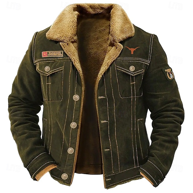 Men's Embroidered Cow Print Fleece Jacket Cargo Jacket Sherpa Jacket Tactical Thermal Warm Vintage Outdoor Home Multiple Pockets Winter Coats Fall Winter Fleece Turn-Down Collar Long Sleeve Army