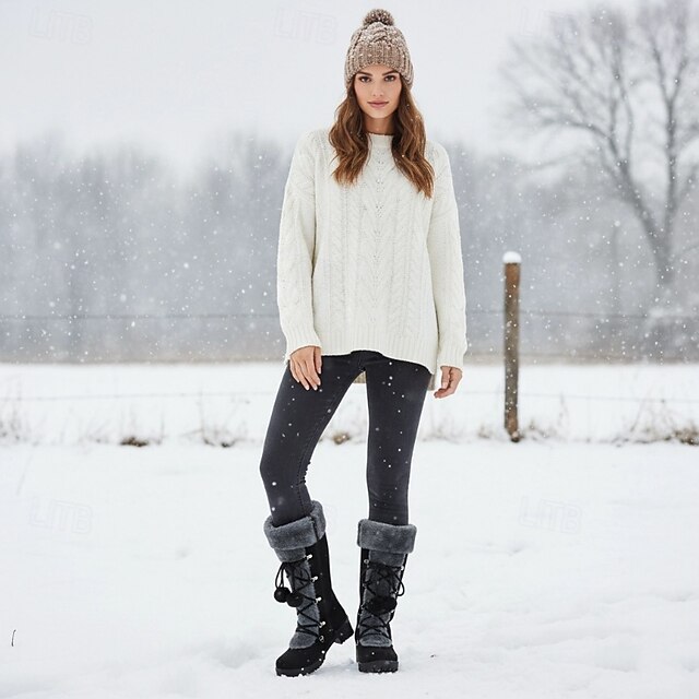 Women's Lace-Up Winter Boots with Faux Fur Trim, Pom-Pom Details, and Rugged Non-Slip Sole for Outdoor Snow and Cold Weather Wear