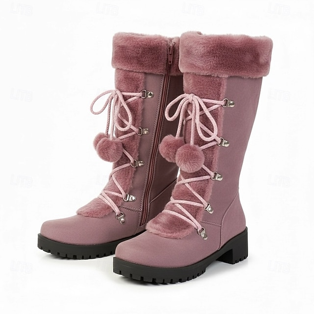 Women's Lace-Up Winter Boots with Faux Fur Trim, Pom-Pom Details, and Rugged Non-Slip Sole for Outdoor Snow and Cold Weather Wear