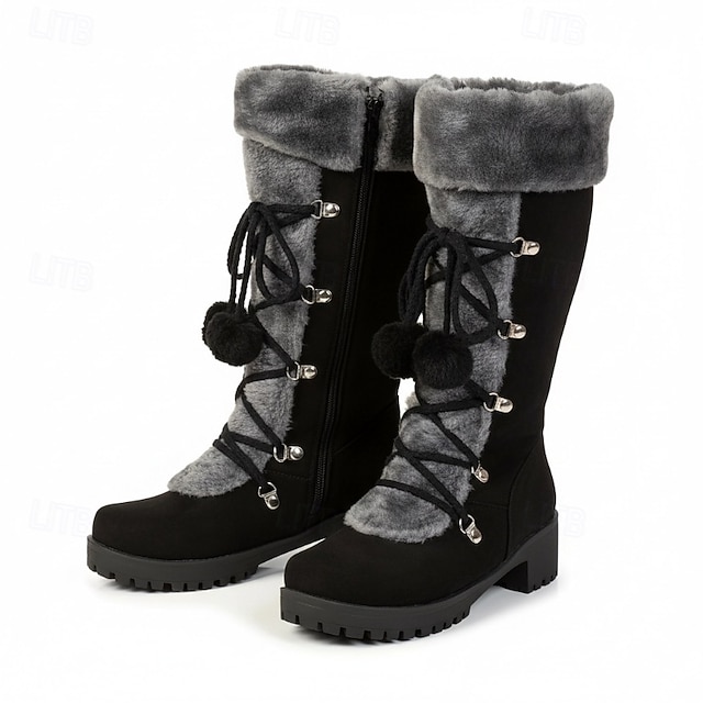 Women's Lace-Up Winter Boots with Faux Fur Trim, Pom-Pom Details, and Rugged Non-Slip Sole for Outdoor Snow and Cold Weather Wear