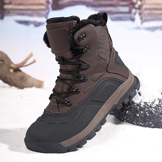Men's Brown Waterproof Snow Boots with Warm Fleece Lining and Non-Slip Sole, Outdoor Winter Hiking Boots for Cold Weather and Snowy Terrain