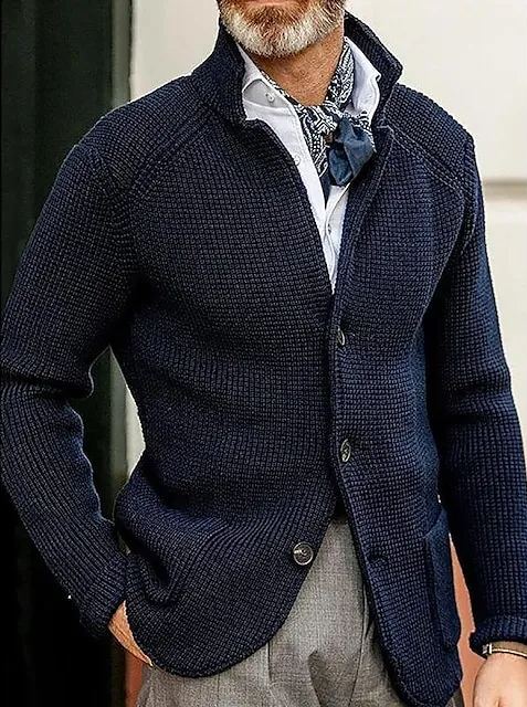 Men's Sweater Cardigan Sweater Jacket Blazer Waffle Knit  Stand Collar Cropped Knitted Solid Color Long Sleeve Basic Stylish Outdoor Daily Clothing Apparel Fall Winter Blue Khaki S M L