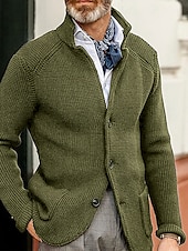 Men's Sweater Cardigan Sweater Jacket Blazer Waffle Knit  Stand Collar Cropped Knitted Solid Color Long Sleeve Basic Stylish Outdoor Daily Clothing Apparel Fall Winter Blue Khaki S M L