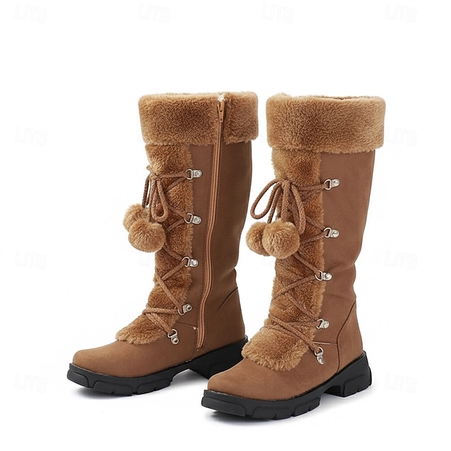 Women's Lace-Up Winter Boots with Faux Fur Trim, Pom-Pom Details, and Rugged Non-Slip Sole for Outdoor Snow and Cold Weather Wear