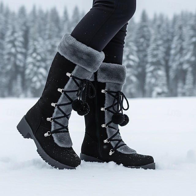 Women's Lace-Up Winter Boots with Faux Fur Trim, Pom-Pom Details, and Rugged Non-Slip Sole for Outdoor Snow and Cold Weather Wear