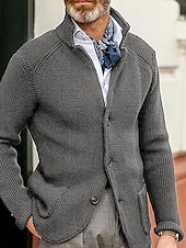 Men's Sweater Cardigan Sweater Jacket Blazer Waffle Knit  Stand Collar Cropped Knitted Solid Color Long Sleeve Basic Stylish Outdoor Daily Clothing Apparel Fall Winter Blue Khaki S M L