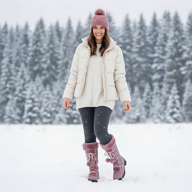 Women's Lace-Up Winter Boots with Faux Fur Trim, Pom-Pom Details, and Rugged Non-Slip Sole for Outdoor Snow and Cold Weather Wear