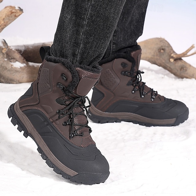 Men's Brown Waterproof Snow Boots with Warm Fleece Lining and Non-Slip Sole, Outdoor Winter Hiking Boots for Cold Weather and Snowy Terrain
