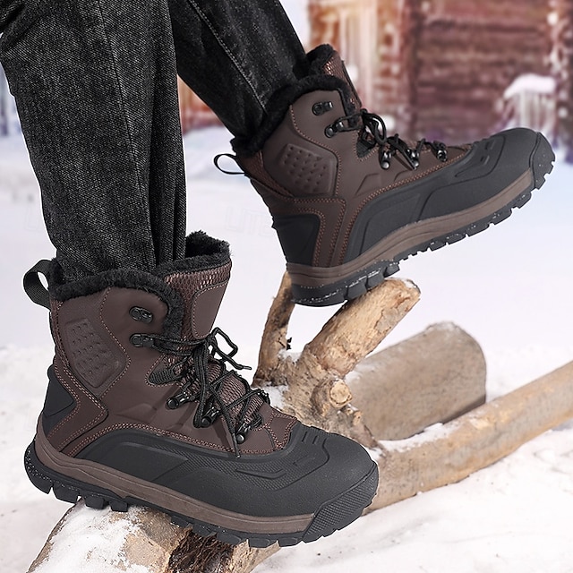 Men's Brown Waterproof Snow Boots with Warm Fleece Lining and Non-Slip Sole, Outdoor Winter Hiking Boots for Cold Weather and Snowy Terrain