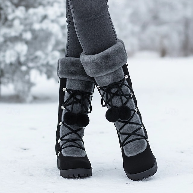 Women's Lace-Up Winter Boots with Faux Fur Trim, Pom-Pom Details, and Rugged Non-Slip Sole for Outdoor Snow and Cold Weather Wear