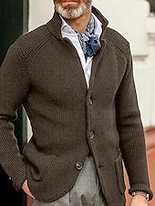 Men's Sweater Cardigan Sweater Jacket Blazer Waffle Knit  Stand Collar Cropped Knitted Solid Color Long Sleeve Basic Stylish Outdoor Daily Clothing Apparel Fall Winter Blue Khaki S M L