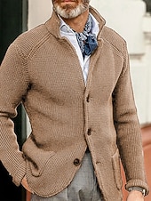 Men's Sweater Cardigan Sweater Jacket Blazer Waffle Knit  Stand Collar Cropped Knitted Solid Color Long Sleeve Basic Stylish Outdoor Daily Clothing Apparel Fall Winter Blue Khaki S M L