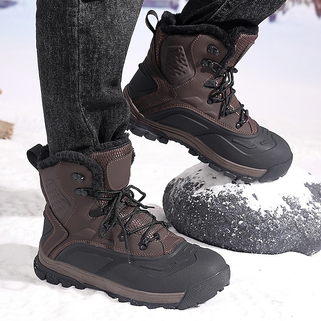 Men's Brown Waterproof Snow Boots with Warm Fleece Lining and Non-Slip Sole, Outdoor Winter Hiking Boots for Cold Weather and Snowy Terrain