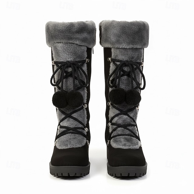 Women's Lace-Up Winter Boots with Faux Fur Trim, Pom-Pom Details, and Rugged Non-Slip Sole for Outdoor Snow and Cold Weather Wear