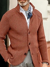 Men's Sweater Cardigan Sweater Jacket Blazer Waffle Knit  Stand Collar Cropped Knitted Solid Color Long Sleeve Basic Stylish Outdoor Daily Clothing Apparel Fall Winter Blue Khaki S M L