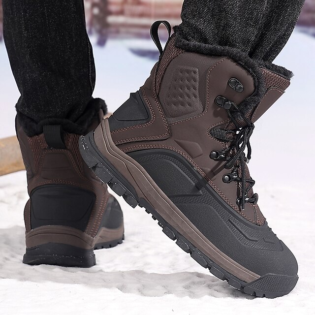 Men's Brown Waterproof Snow Boots with Warm Fleece Lining and Non-Slip Sole, Outdoor Winter Hiking Boots for Cold Weather and Snowy Terrain