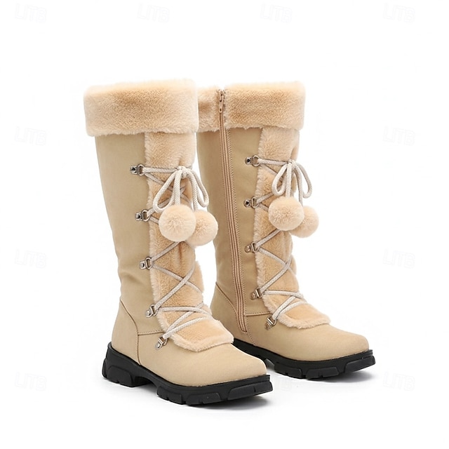 Women's Lace-Up Winter Boots with Faux Fur Trim, Pom-Pom Details, and Rugged Non-Slip Sole for Outdoor Snow and Cold Weather Wear