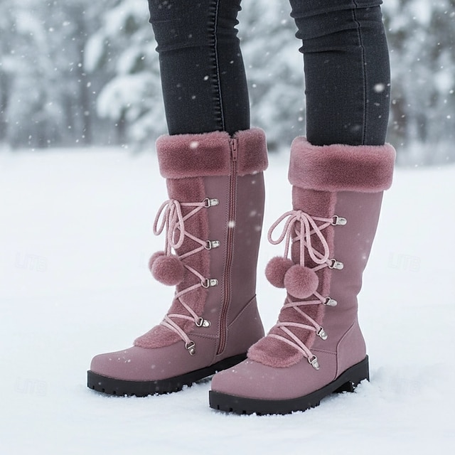Women's Lace-Up Winter Boots with Faux Fur Trim, Pom-Pom Details, and Rugged Non-Slip Sole for Outdoor Snow and Cold Weather Wear