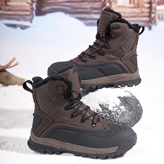 Men's Brown Waterproof Snow Boots with Warm Fleece Lining and Non-Slip Sole, Outdoor Winter Hiking Boots for Cold Weather and Snowy Terrain