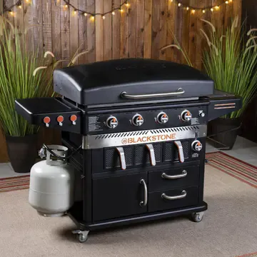 Blackstone 1923 Air Fryer Combo & Four Burners Stainless Steel Gas Hood, Wheels, Two Side Shelf – Heavy Duty Outdoor Griddle Station for Backyard, Patio, 36 inch Black