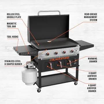 Blackstone 1923 Air Fryer Combo & Four Burners Stainless Steel Gas Hood, Wheels, Two Side Shelf – Heavy Duty Outdoor Griddle Station for Backyard, Patio, 36 inch Black