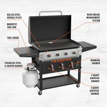 Blackstone 1923 Air Fryer Combo & Four Burners Stainless Steel Gas Hood, Wheels, Two Side Shelf – Heavy Duty Outdoor Griddle Station for Backyard, Patio, 36 inch Black