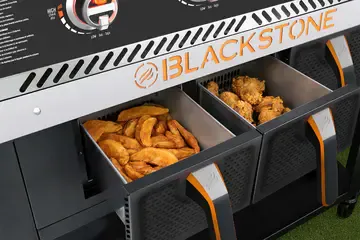 Blackstone 1923 Air Fryer Combo & Four Burners Stainless Steel Gas Hood, Wheels, Two Side Shelf – Heavy Duty Outdoor Griddle Station for Backyard, Patio, 36 inch Black