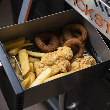 Blackstone 1923 Air Fryer Combo & Four Burners Stainless Steel Gas Hood, Wheels, Two Side Shelf – Heavy Duty Outdoor Griddle Station for Backyard, Patio, 36 inch Black