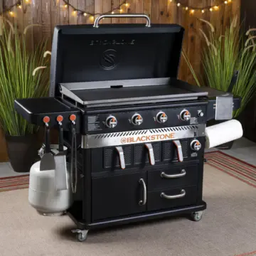 Blackstone 1923 Air Fryer Combo & Four Burners Stainless Steel Gas Hood, Wheels, Two Side Shelf – Heavy Duty Outdoor Griddle Station for Backyard, Patio, 36 inch Black