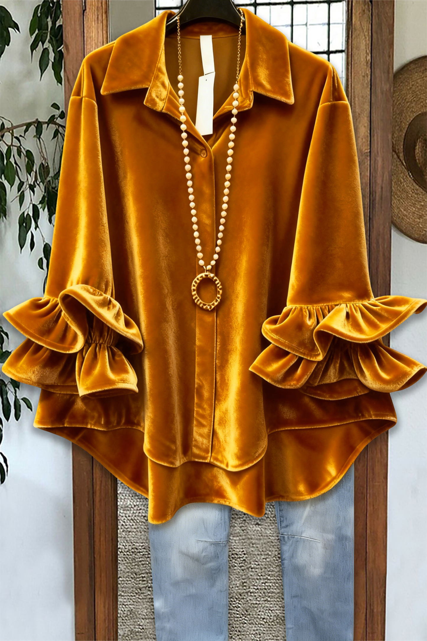 Classic Christmas Ruffle Velvet Blouse