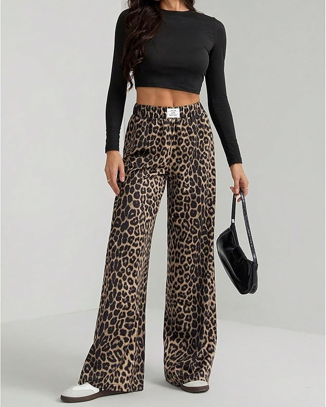Tapered-Waist Sweatshirt with Leopard Print Wide Leg Pants set