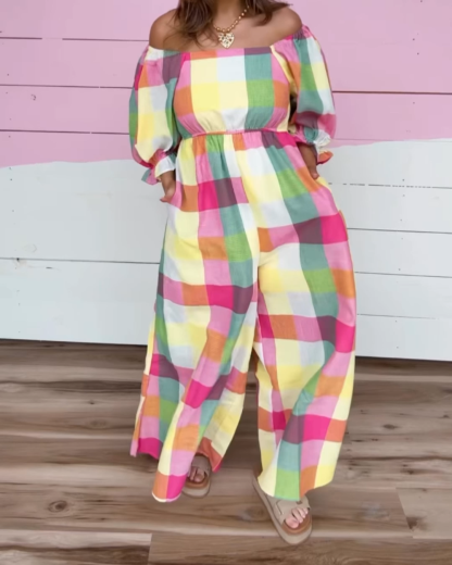 Spring Off Shoulder Plaid Puff Sleeves Jumpsuit