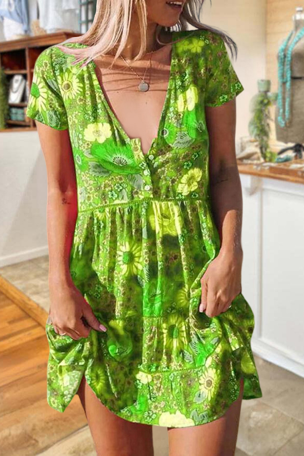 Colorful Floral Print V-neck Dress