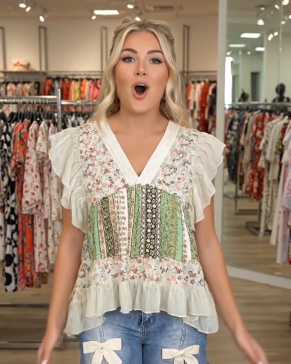 Fresh Floral Ruffle Flutter Sleeve Blouses