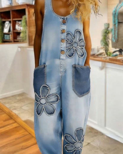 Retro Washed Cotton Denim Floral Double Pocket Overalls