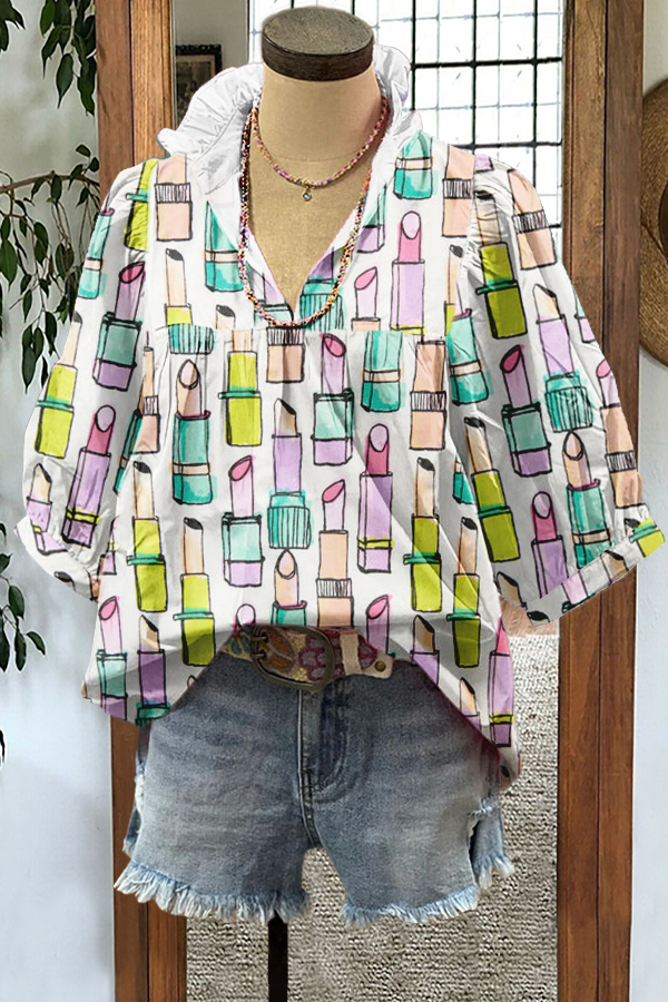 Classic Lipstick Print Puff Sleeve Blouse
