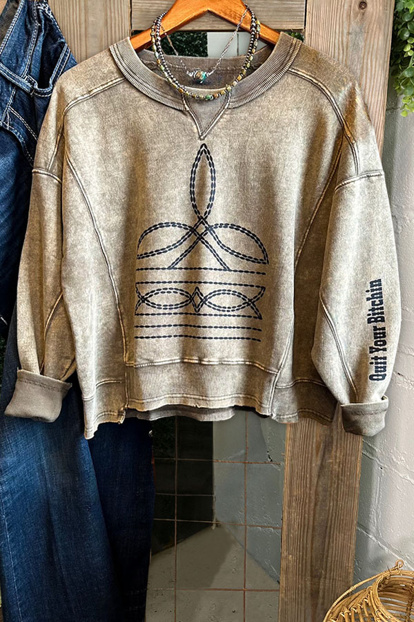 Retro Distressed Boots Stitched Printed Sweatshirt