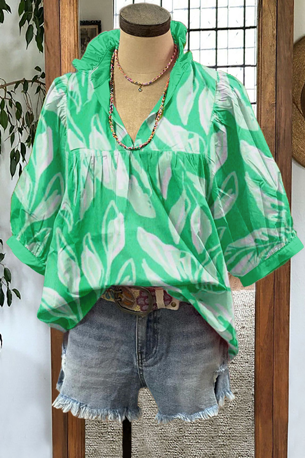 Leaf Print Puff Sleeve Blouse