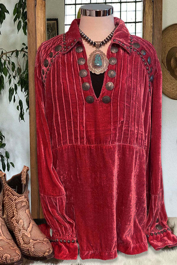 Pleated Metal Stud Velvet Blouse